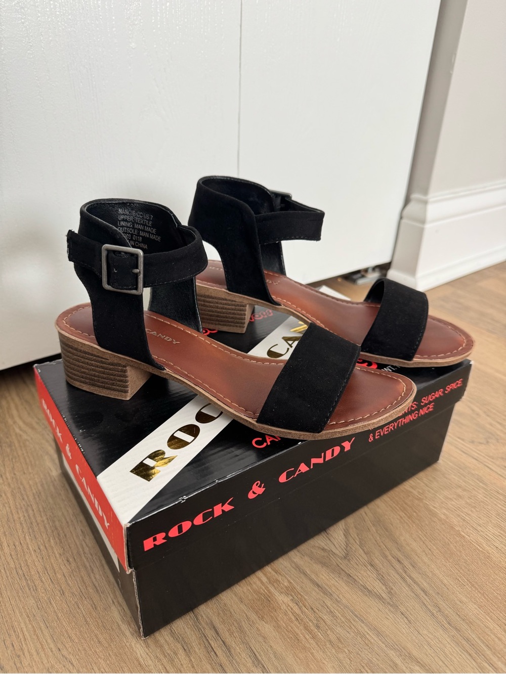Rock & Candy Black Suede Ankle-Strap Block Heel Sandals
